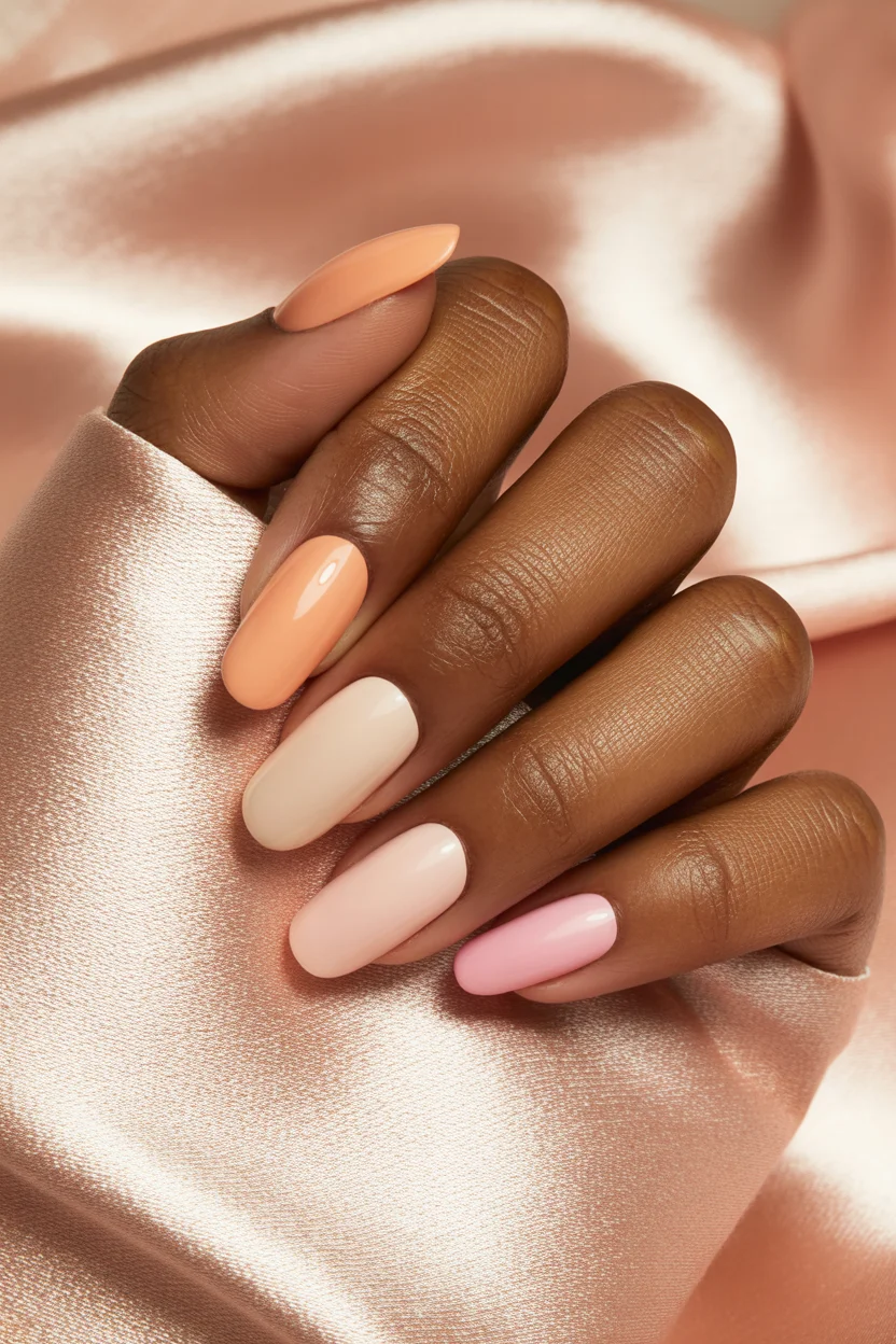 stylish spring nails for brown skin 2026 Peach Sorbet and Milky Blush Harmony