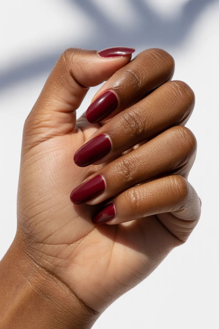 stylish spring nails for brown skin 2026 Deep Burgundy Almond 12