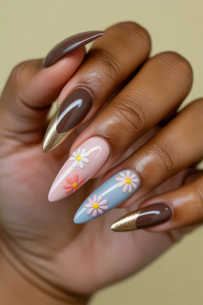 stylish spring nails for brown skin 2026 Mixed Pastel Florals with Gold Accent 13
