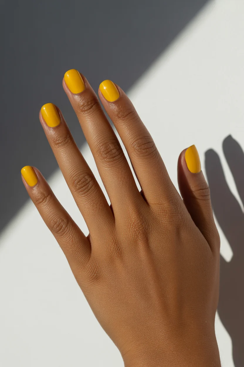 stylish spring nails for brown skin 2026 Bold Mustard Short 14