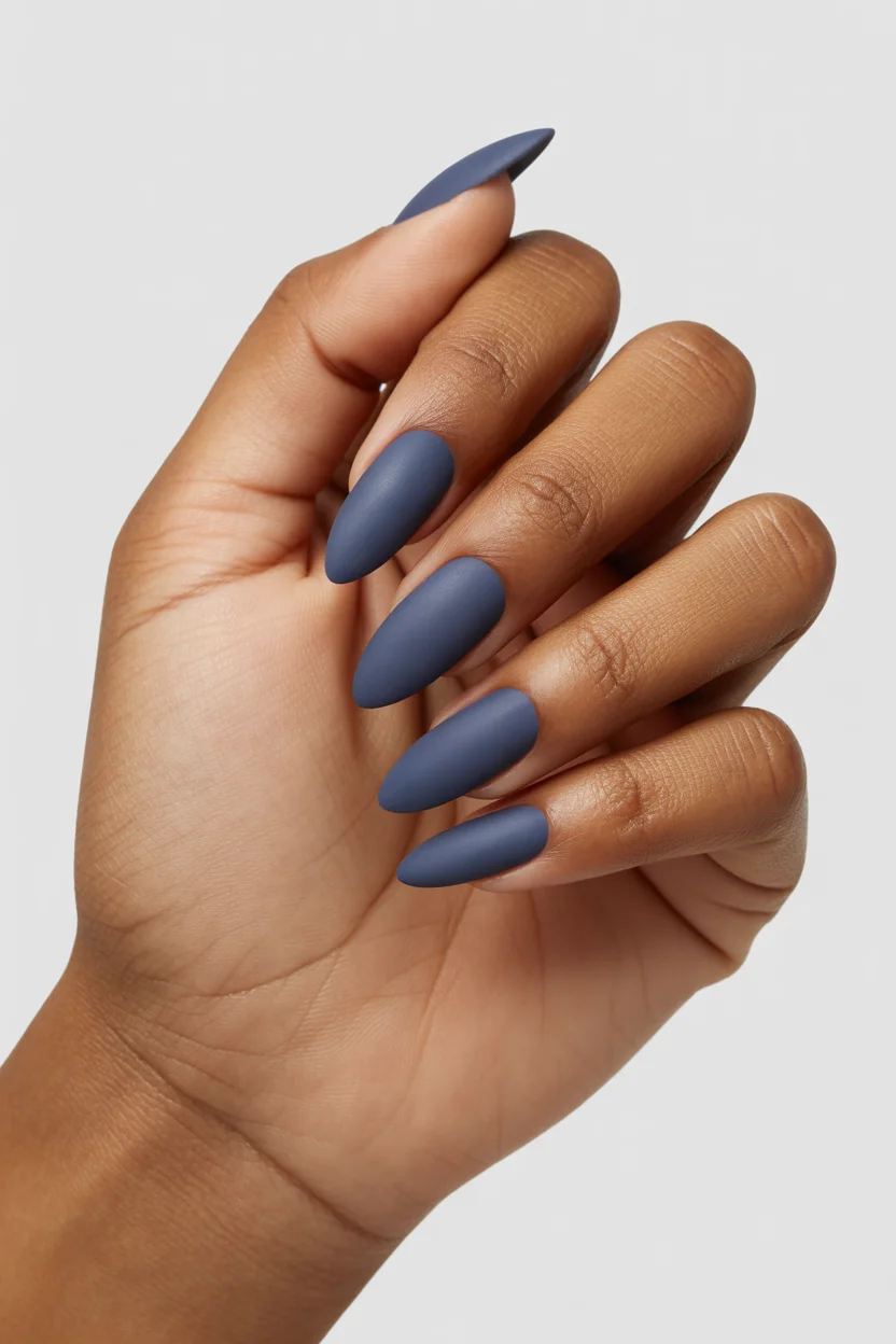stylish spring nails for brown skin 2026 Matte Slate Blue Sophistication 18
