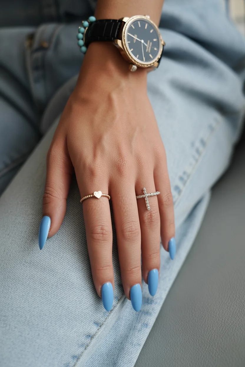 stylish spring nails for brown skin 2026 Powder Blue Gloss for Cool Contrast