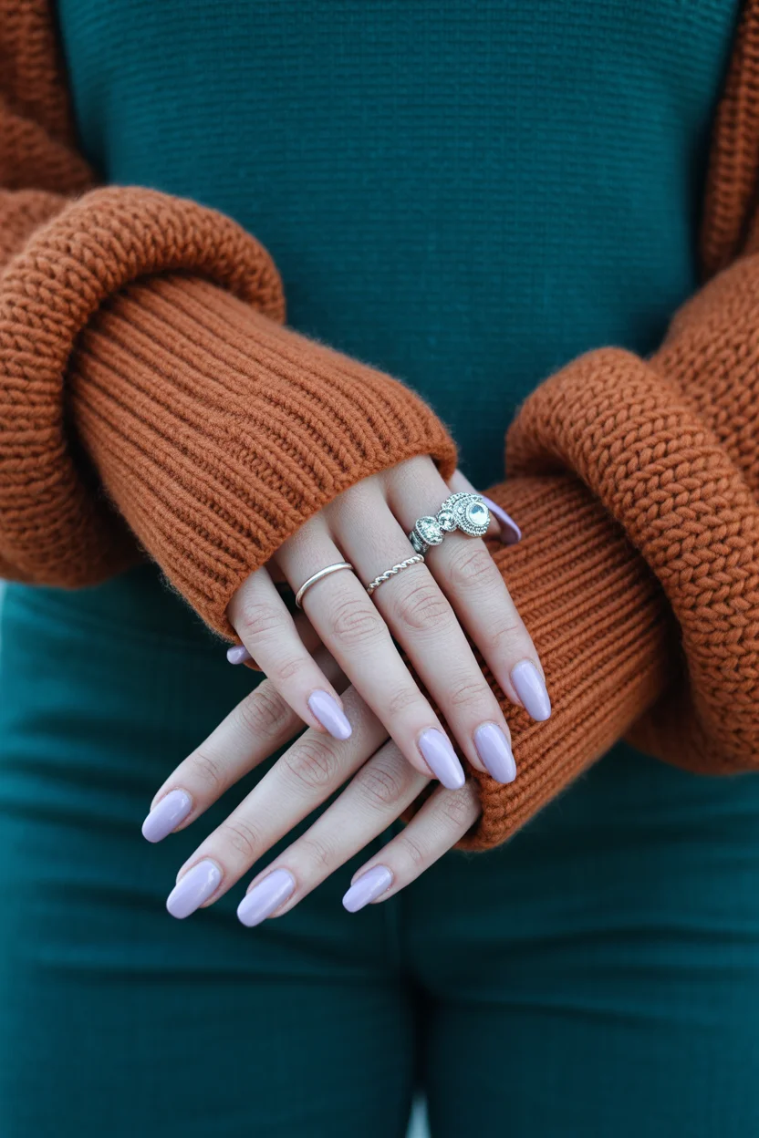 stylish spring nails for brown skin 2026 Soft Lavender Almond for Fresh Contrast