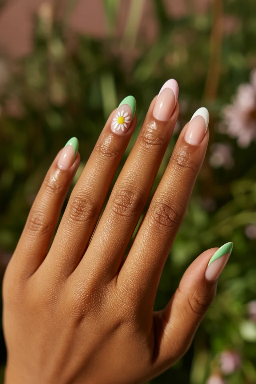 stylish spring nails for brown skin 2026 Mint French with Daisy Accent 6