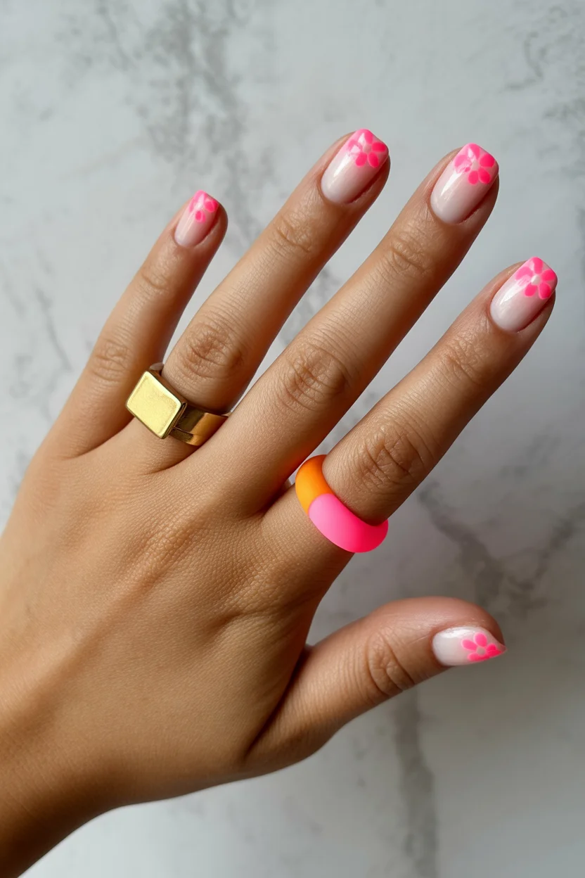 stylish spring nails for brown skin 2026 Neon Pink Micro Florals 7