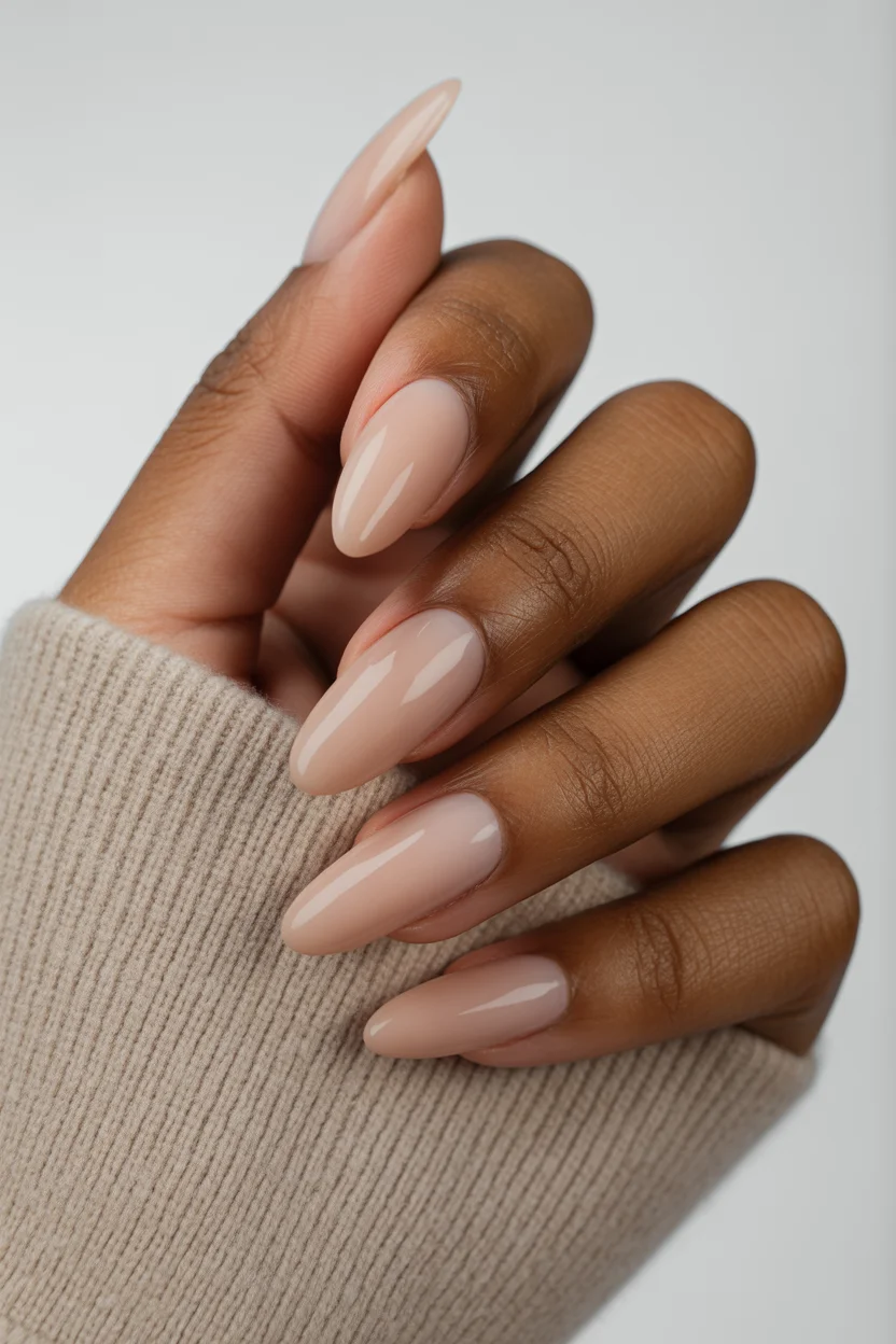 stylish spring nails for brown skin 2026 Glossy Nude Almond Perfection 8
