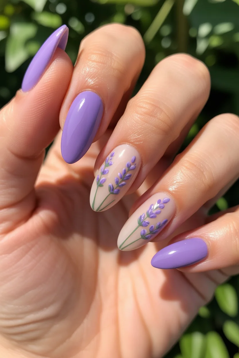 stylish spring nails for pale skin 2026 Lavender Botanical Almond Art - 11