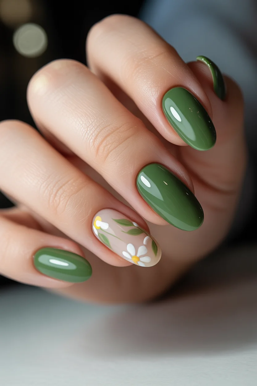 stylish spring nails for pale skin 2026 Deep Forest Green With Daisy Accent - 12