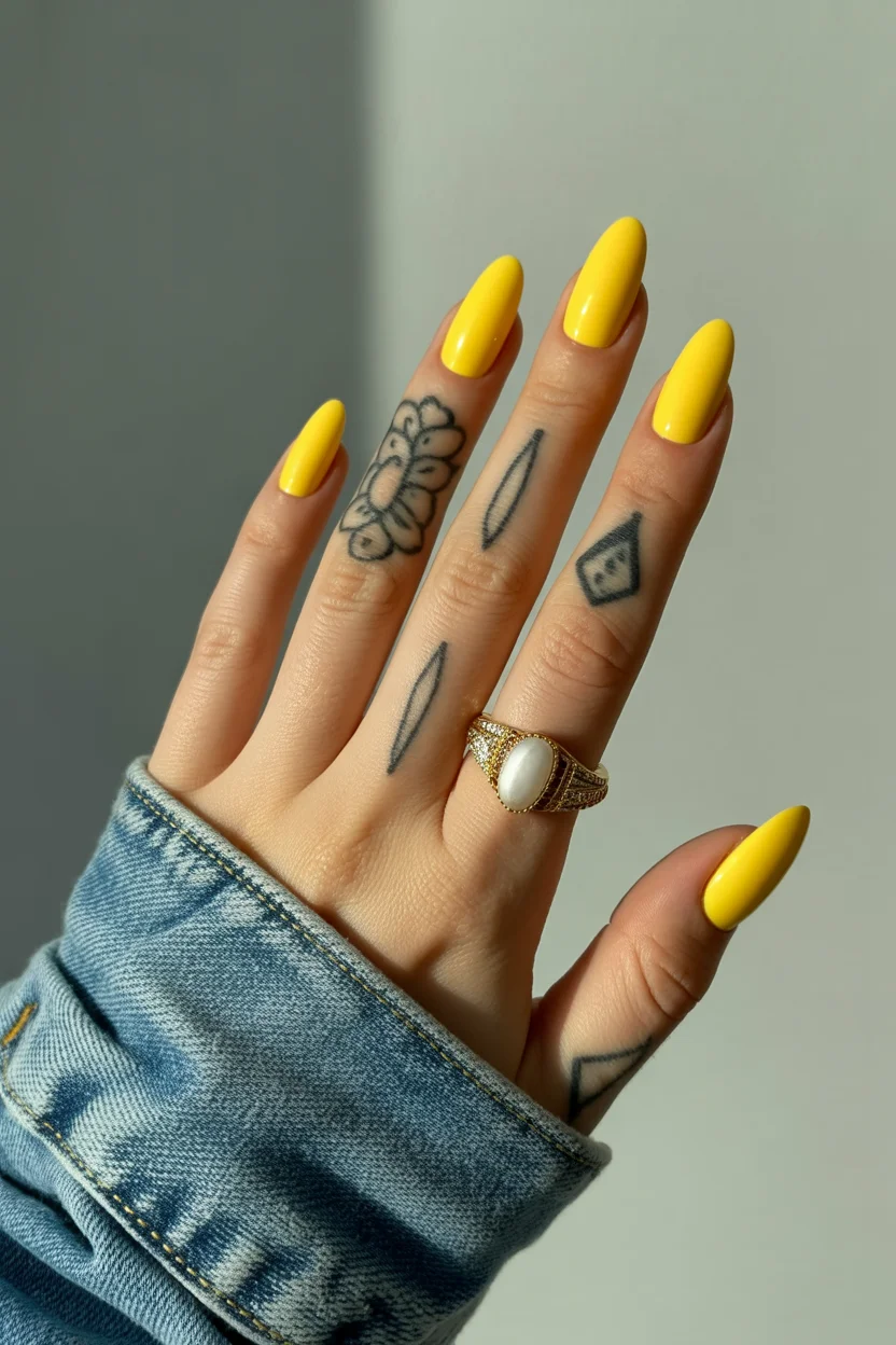 stylish spring nails for pale skin 2026 Sunflower Gloss Almond - 16