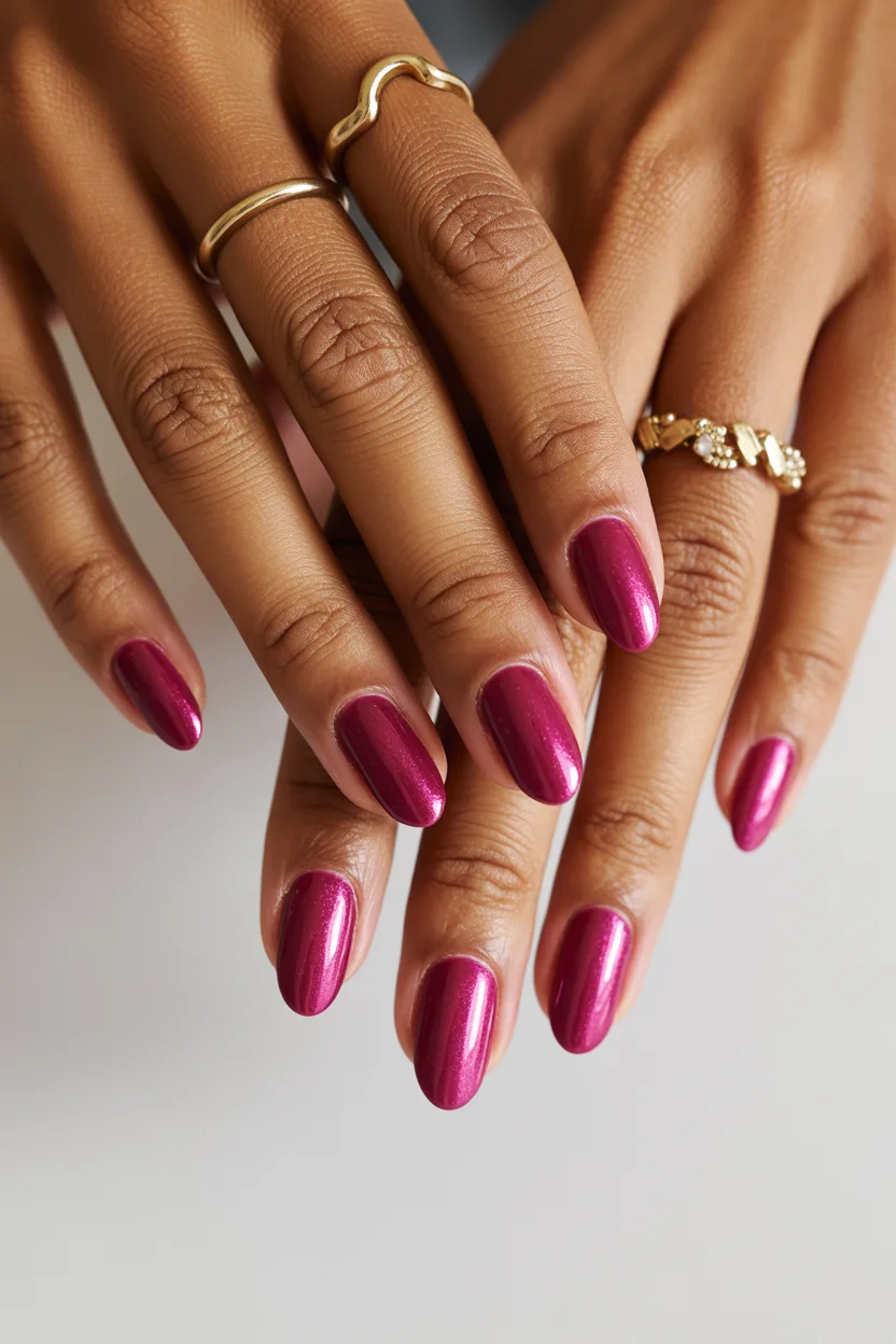 stylish spring nails for pale skin 2026 Metallic Berry Shine That Feels Bold Yet Balanced