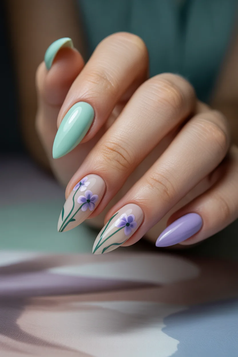 stylish spring nails for tan skin 2026 Mint and Lilac Floral Contrast Almond 11