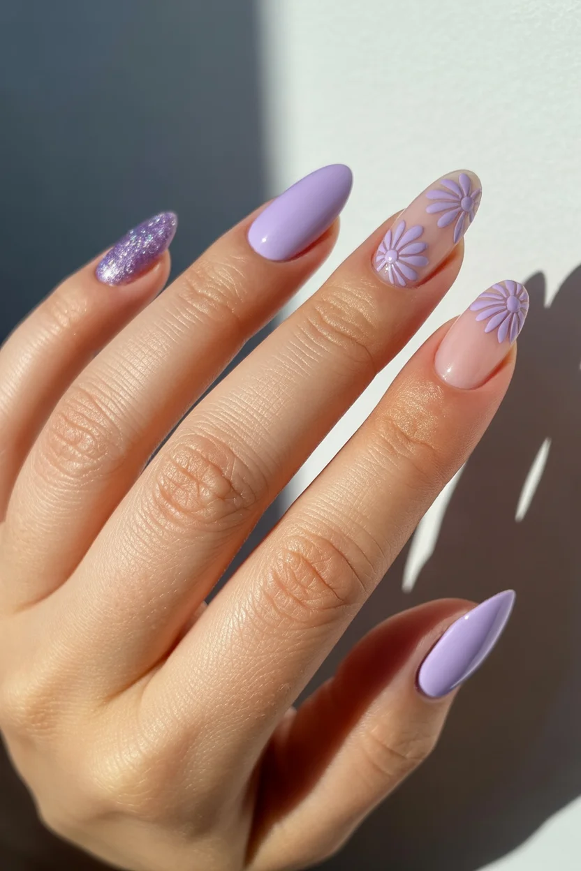 stylish spring nails for tan skin 2026 Lavender Daisy Accent with Glitter 12