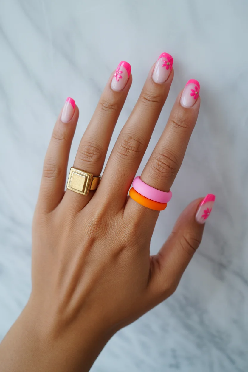 stylish spring nails for tan skin 2026 Hot Pink French with Micro Floral 13