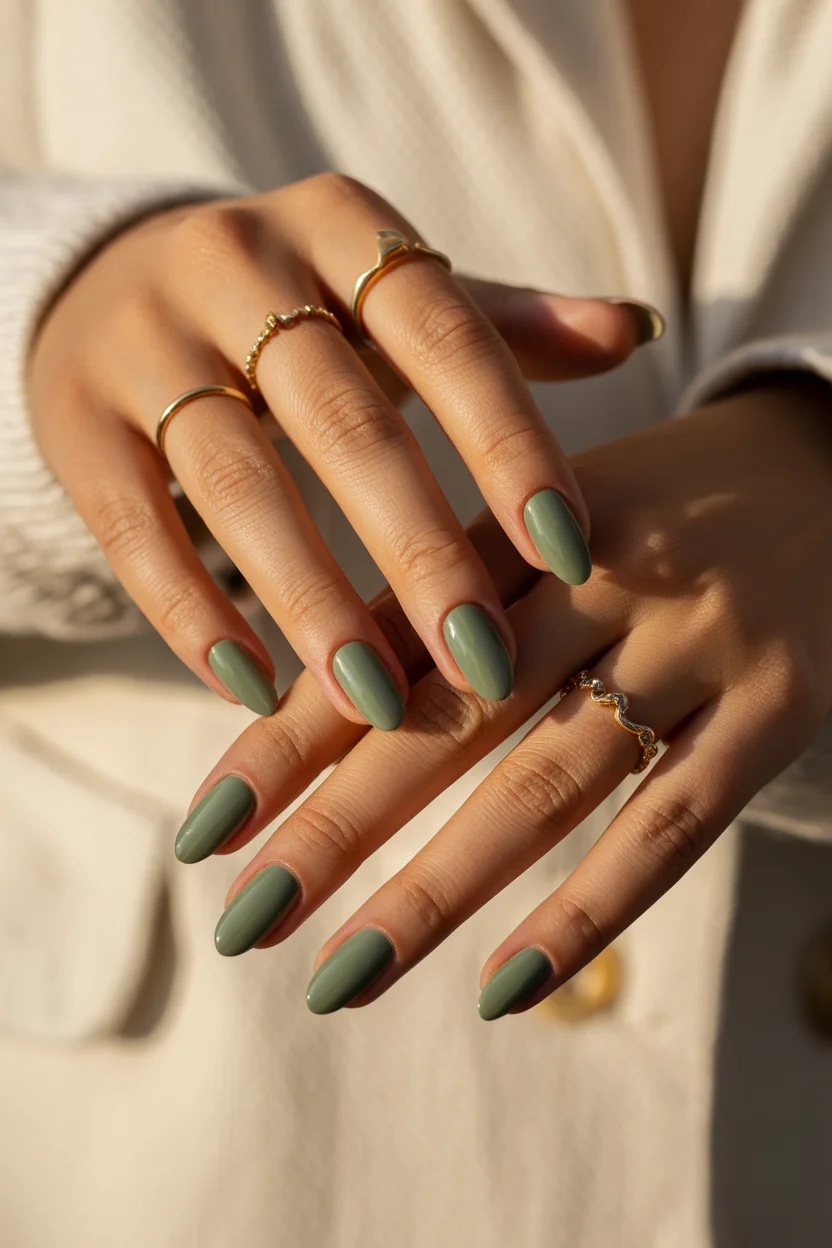 stylish spring nails for tan skin 2026 Muted Olive Gloss 14