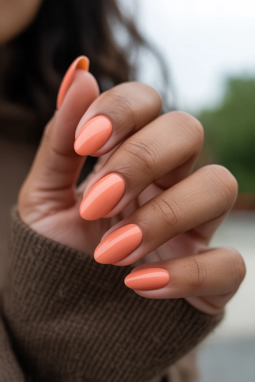 stylish spring nails for tan skin 2026 Soft Peach Almond Glow 15