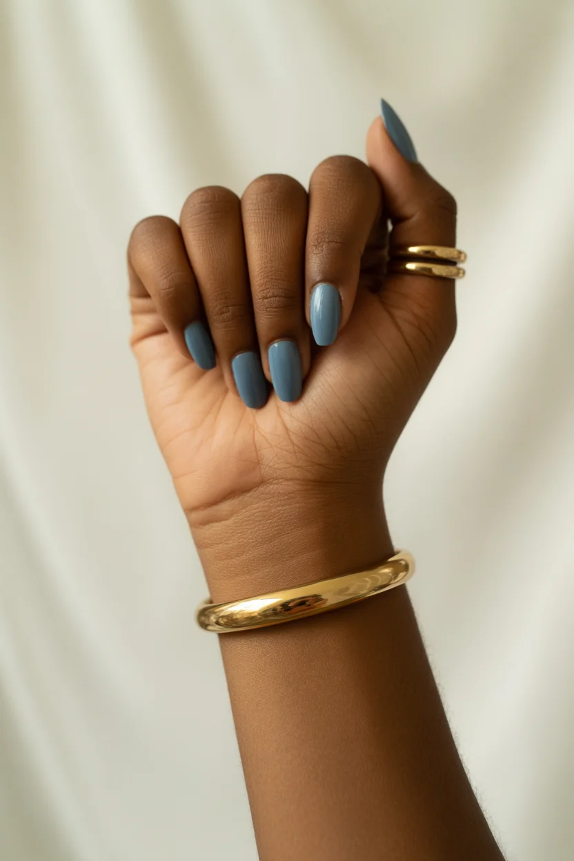 stylish spring nails for tan skin 2026 Dusty Blue Almond Depth 17