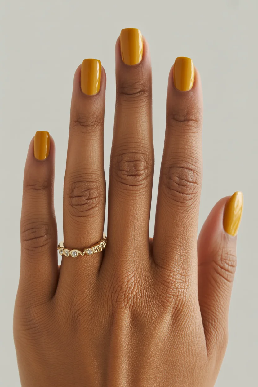 stylish spring nails for tan skin 2026 Mustard Short Square Bold Pop 19