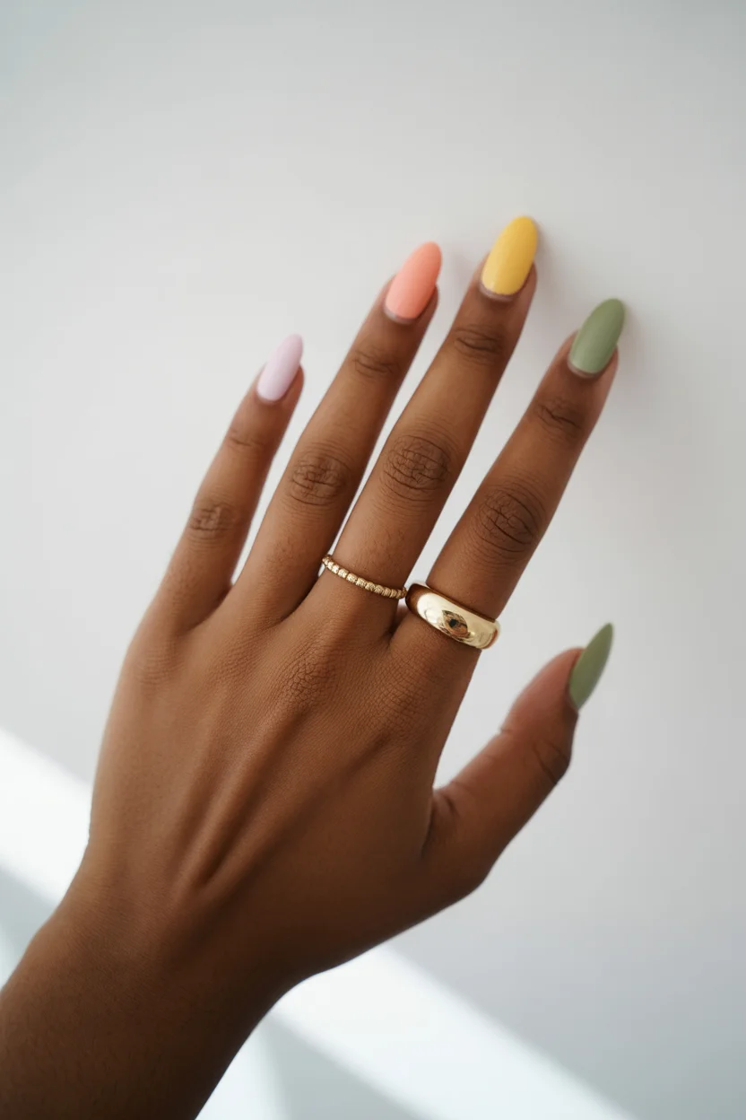 stylish spring nails for tan skin 2026 Playful Pastel Mix Almond Palette 20