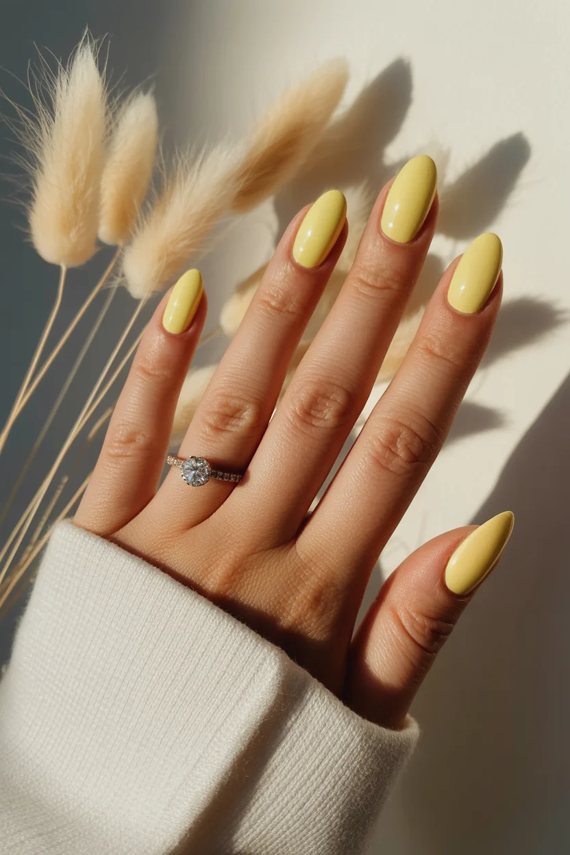 stylish spring nails for tan skin 2026 Pastel Lemon Gloss on Soft Almond