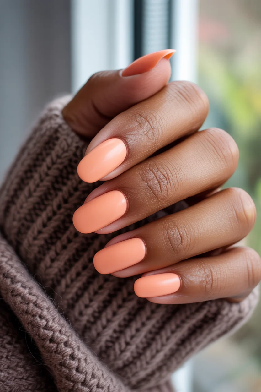 stylish spring nails for tan skin 2026 Peach Sorbet Gloss with Cozy Energy