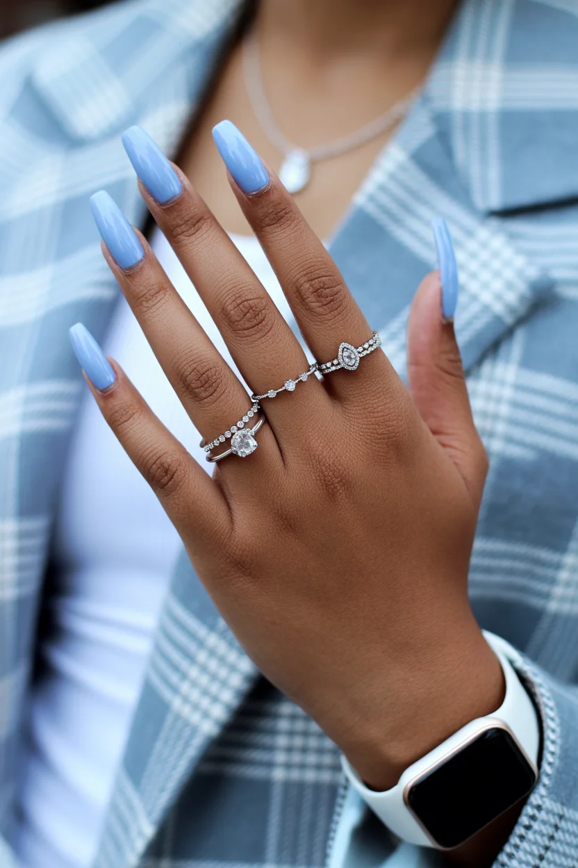 stylish spring nails for tan skin 2026 Powder Blue Long Coffin Statement