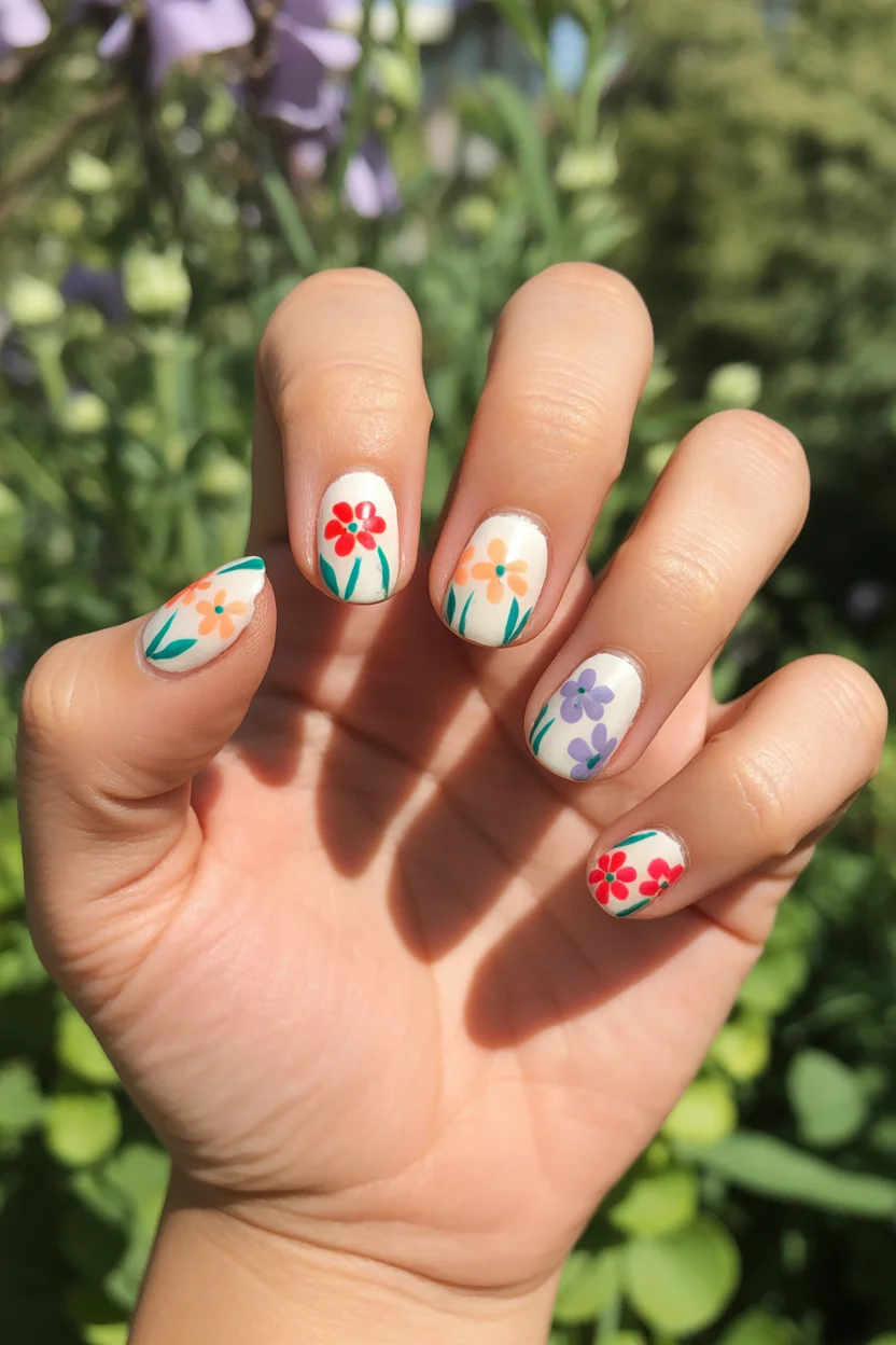 stylish spring nails for tan skin 2026 Retro Garden Mini Florals 7