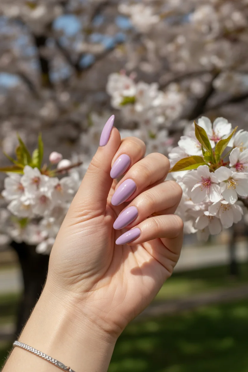 stylish spring nails for tan skin 2026 Soft Lavender Almond 8