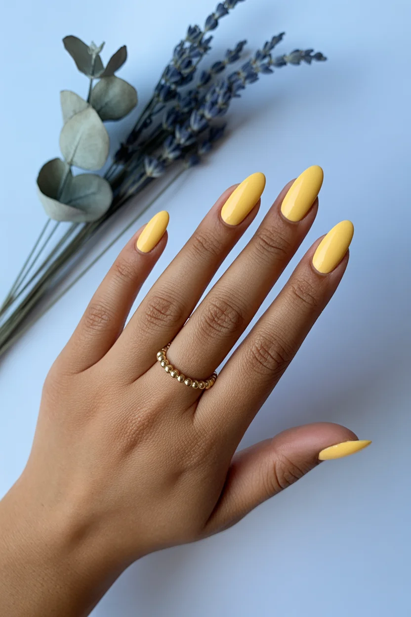 stylish spring nails for tan skin 2026 Sunlit Butter Yellow Almond 9