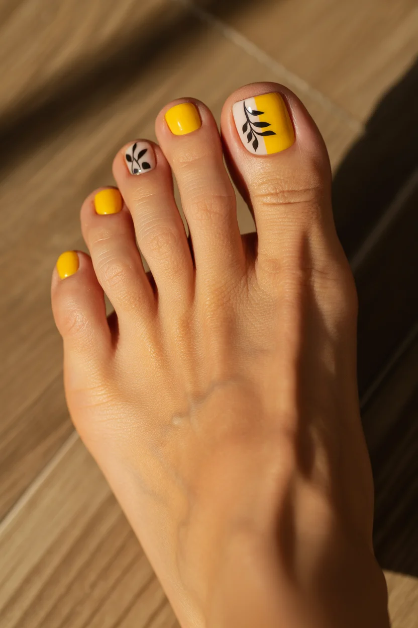 stylish spring toe nail color 2026 yellow botanical pedicure 10