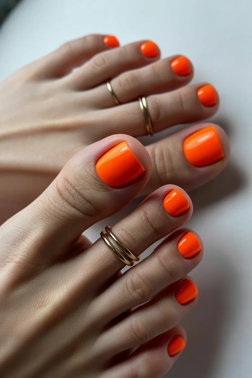 stylish spring toe nail color 2026 neon orange pedicure 17