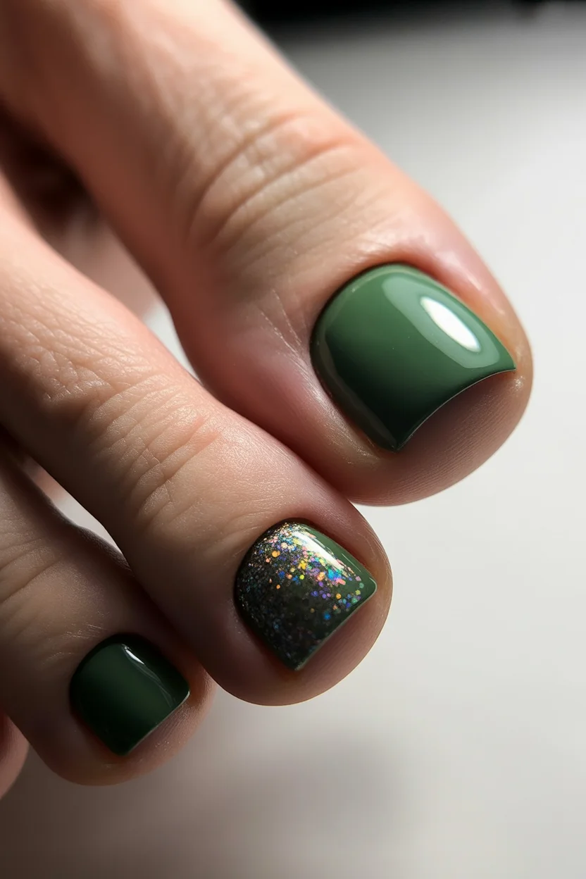 stylish spring toe nail color 2026 forest green glitter pedicure 20