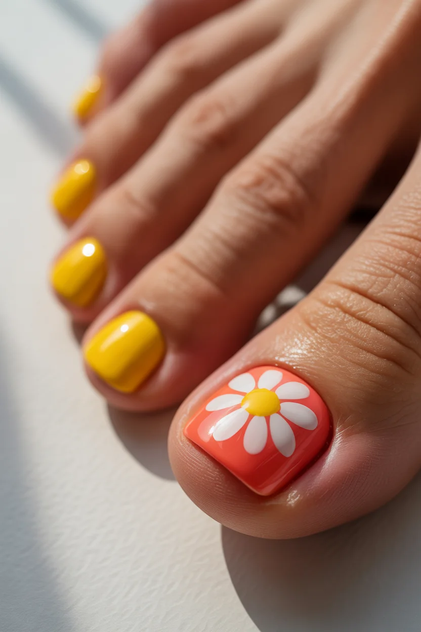stylish spring toe nail color 2026 yellow daisy pedicure 9