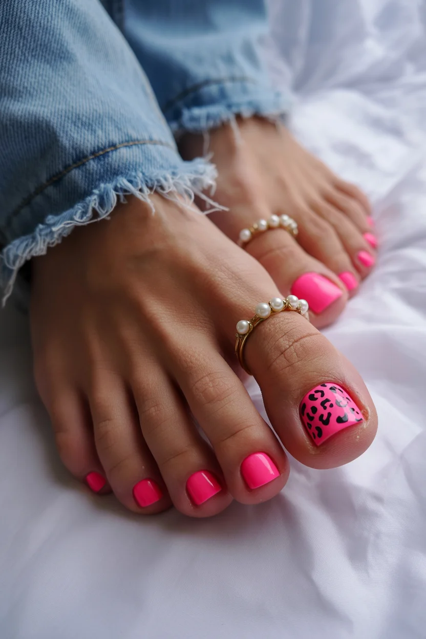 stylish spring toe nails 2026 neon pink leopard pedicure