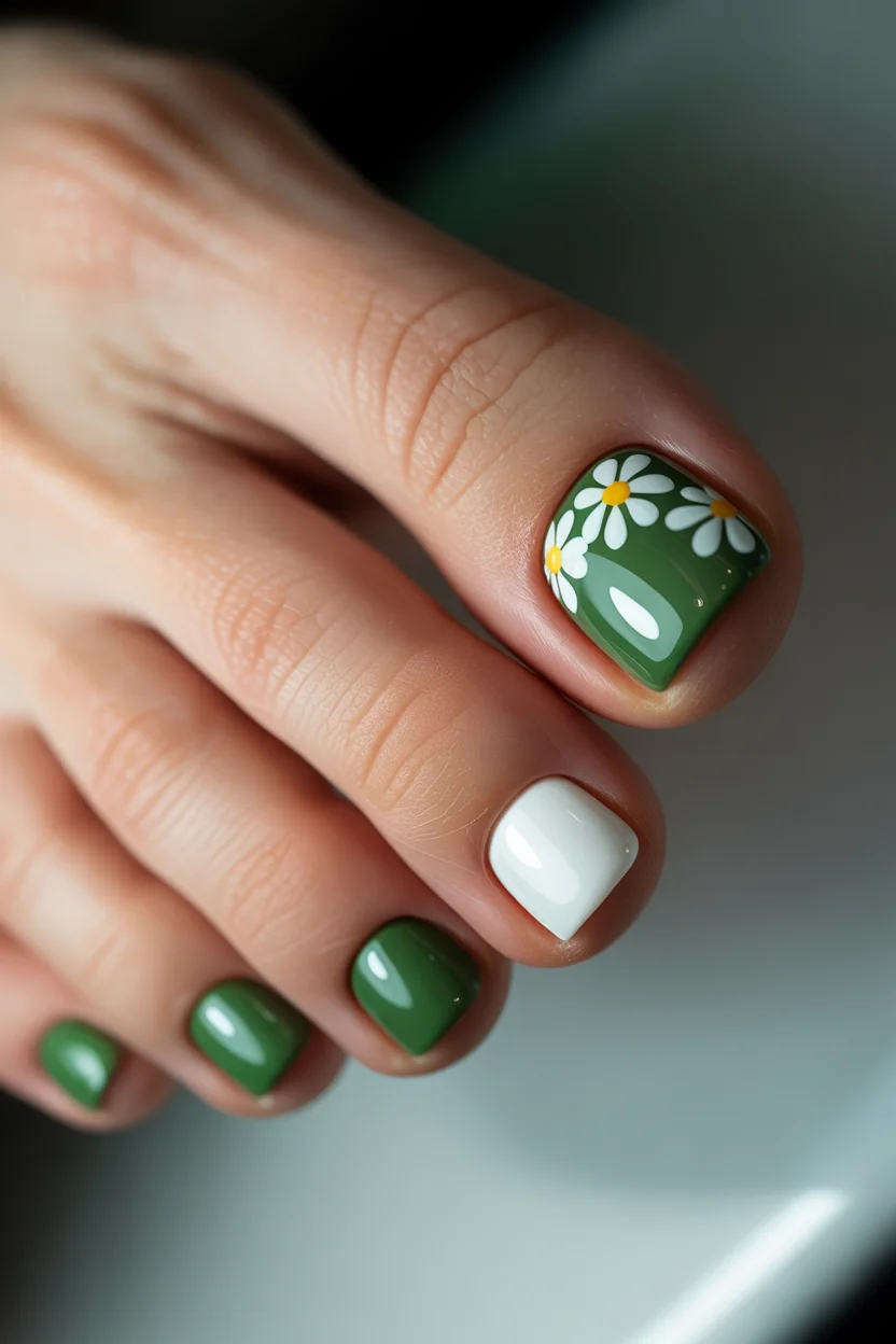 stylish spring toe nails 2026 green daisy pedicure