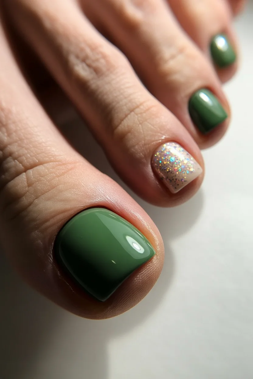 stylish spring toe nails 2026 green glitter accent pedicure