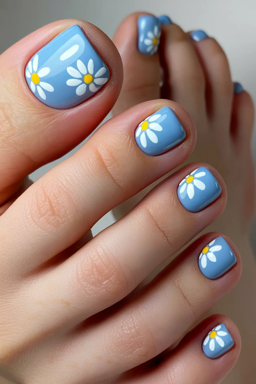 stylish spring toe nails 2026 playful sky blue daisy pedicure
