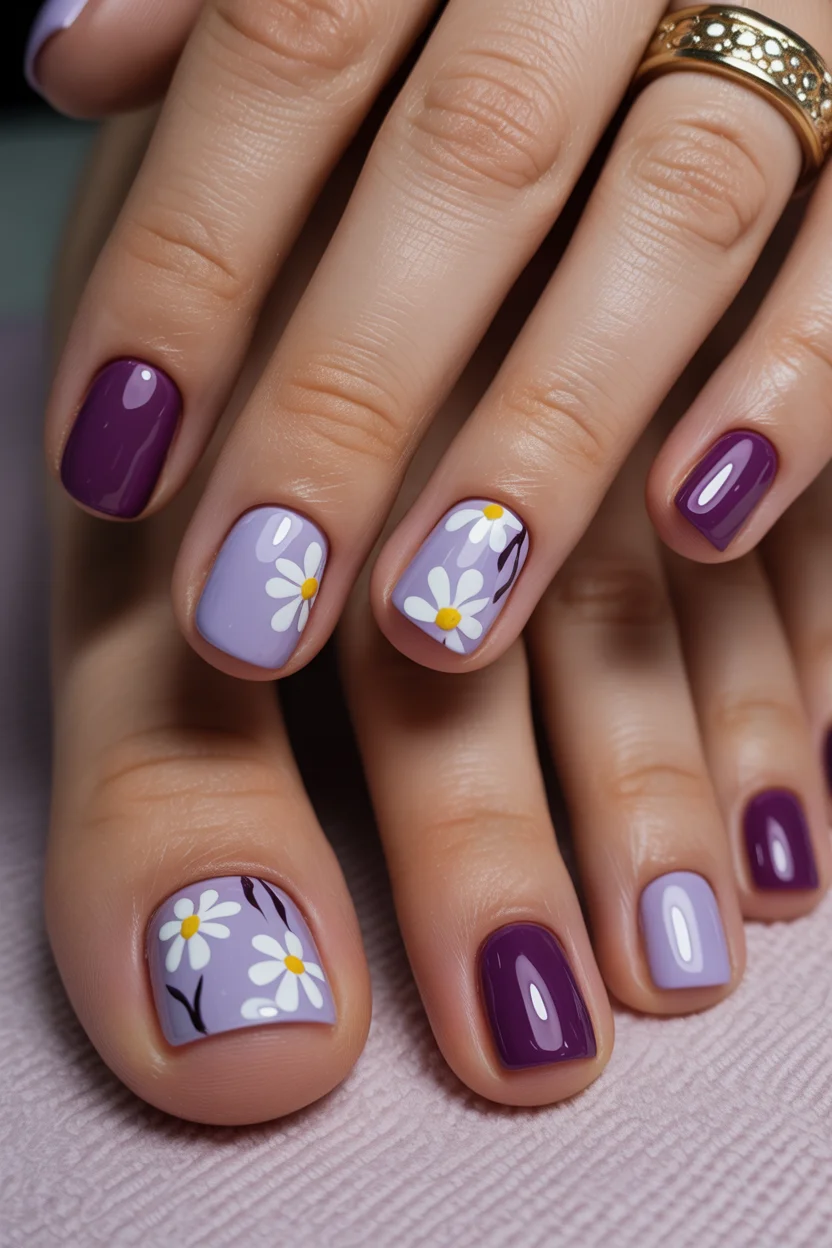 stylish spring toe nails 2026 lavender plum floral pedicure
