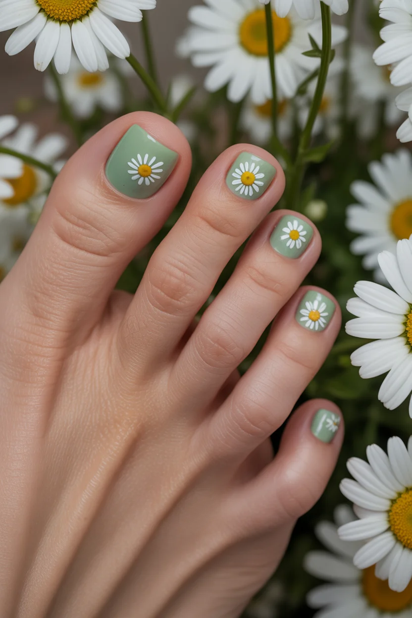 stylish spring toe nails 2026 green daisy pedicure