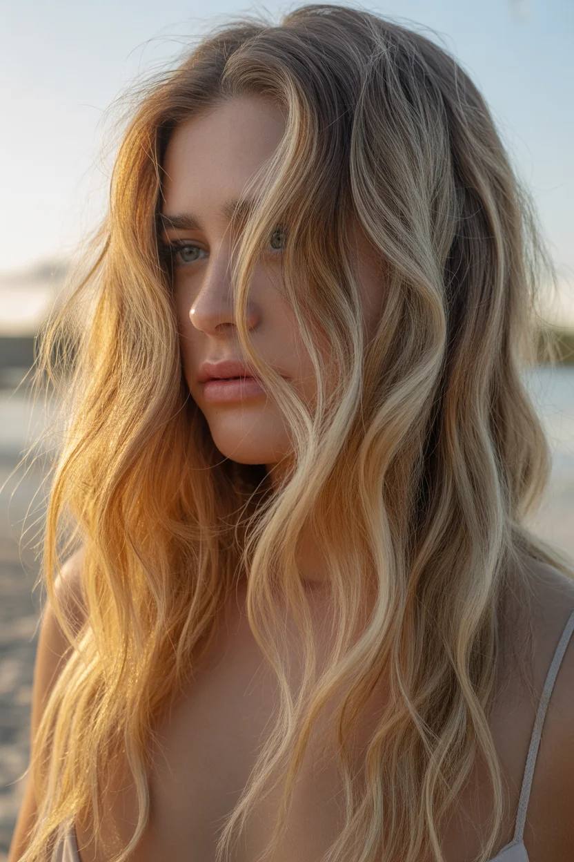 stylish spring ombre hair color 2026 bright champagne waves with lived in root