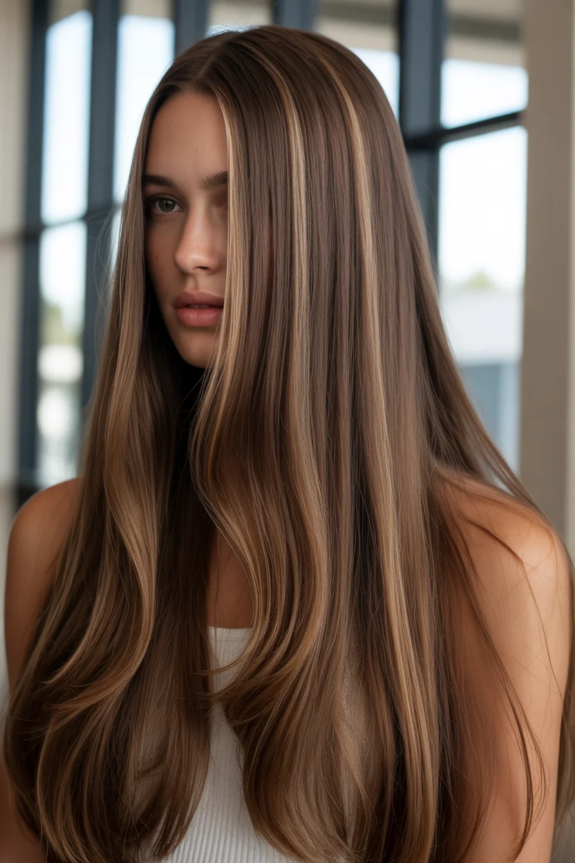 Summer Hair Color Ideas for Brunettes 2026 Silky Espresso Length with Fine Neutral Ribbons