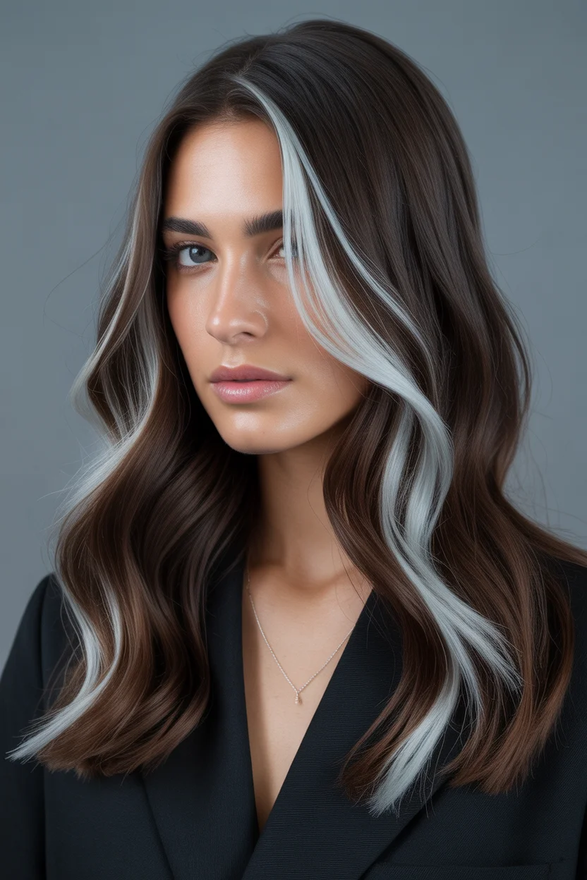 Summer Hair Color Ideas for Brunettes 2026 Cool Brunette with Statement Grey Balayage Strands