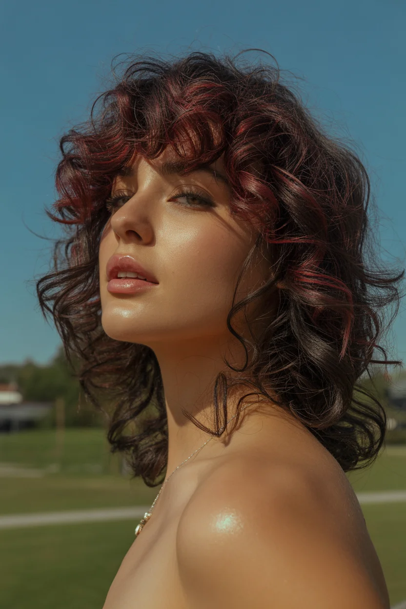Summer Hair Color Ideas for Brunettes 2026 Playful Curly Shag with Cherry Red Accents