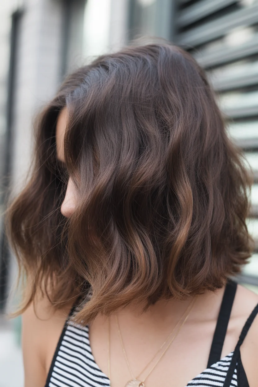 Summer Hair Color Ideas for Brunettes 2026 Soft Tousled Brunette Lob with Natural Depth