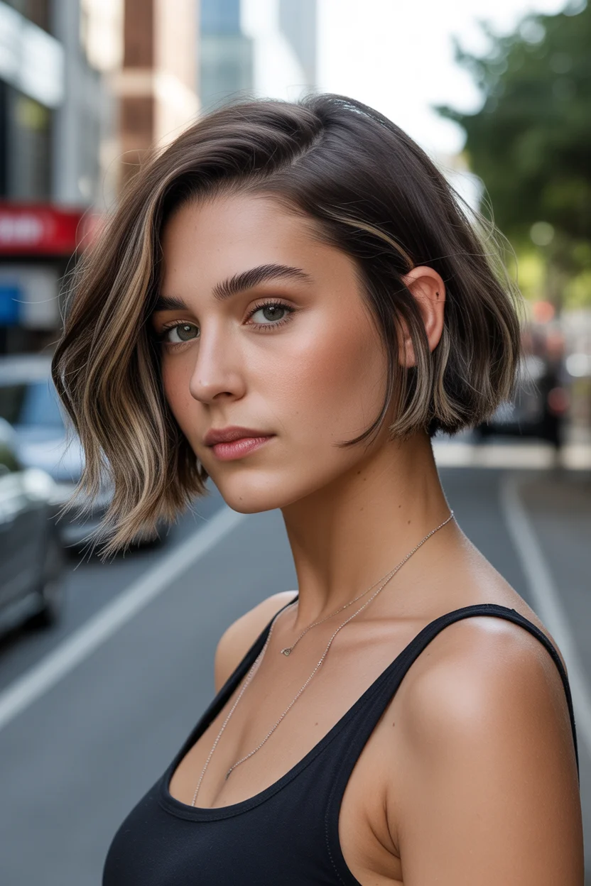 Summer Hair Color Ideas for Brunettes 2026 Chic Short Brunette Bob with Cool Blonde Accents