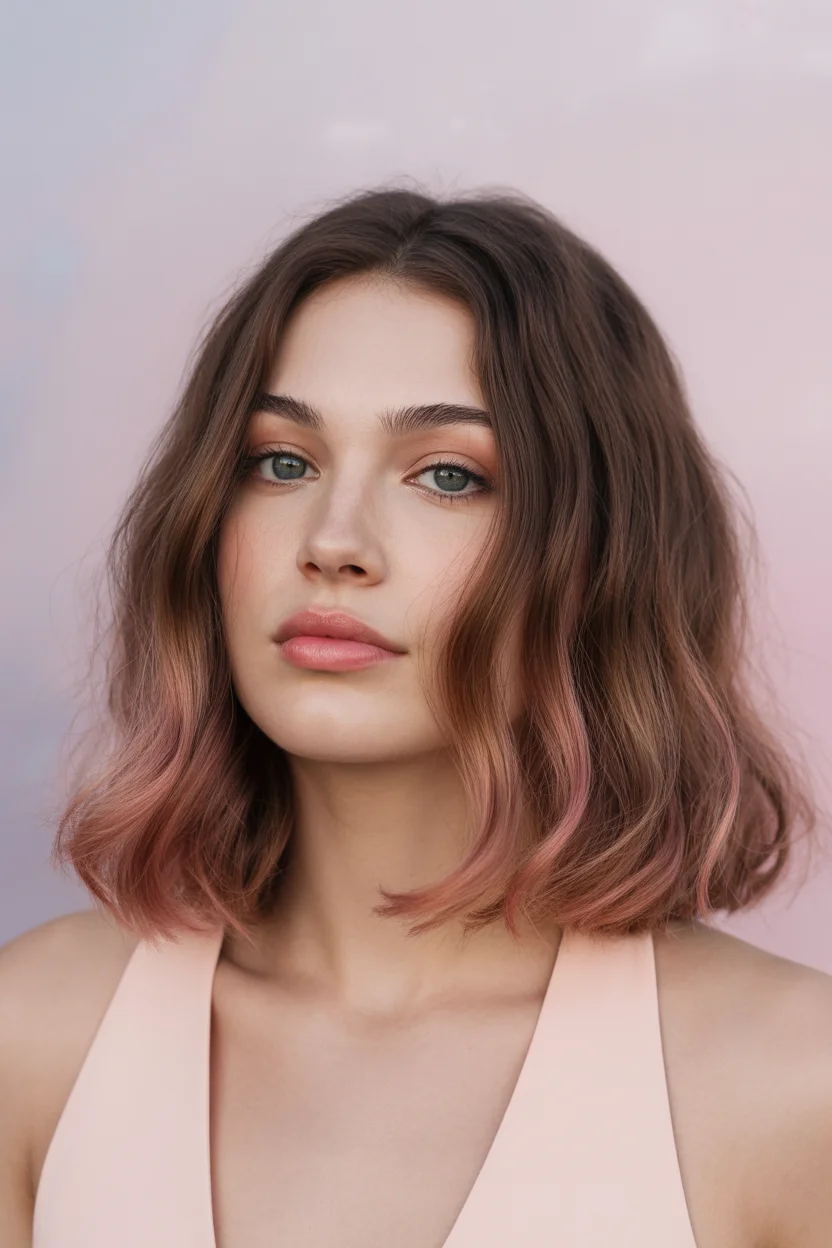 Summer Hair Color Ideas for Brunettes 2026 Soft Blush Melt on Shoulder Length Brunette
