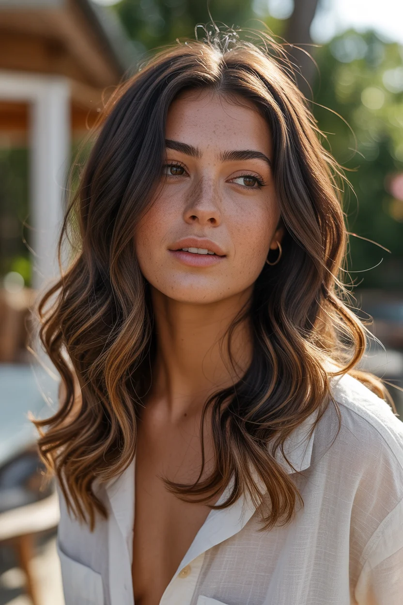 Summer Hair Color Ideas for Brunettes 2026 Soft Brunette Waves with Natural Sunlit Highlights
