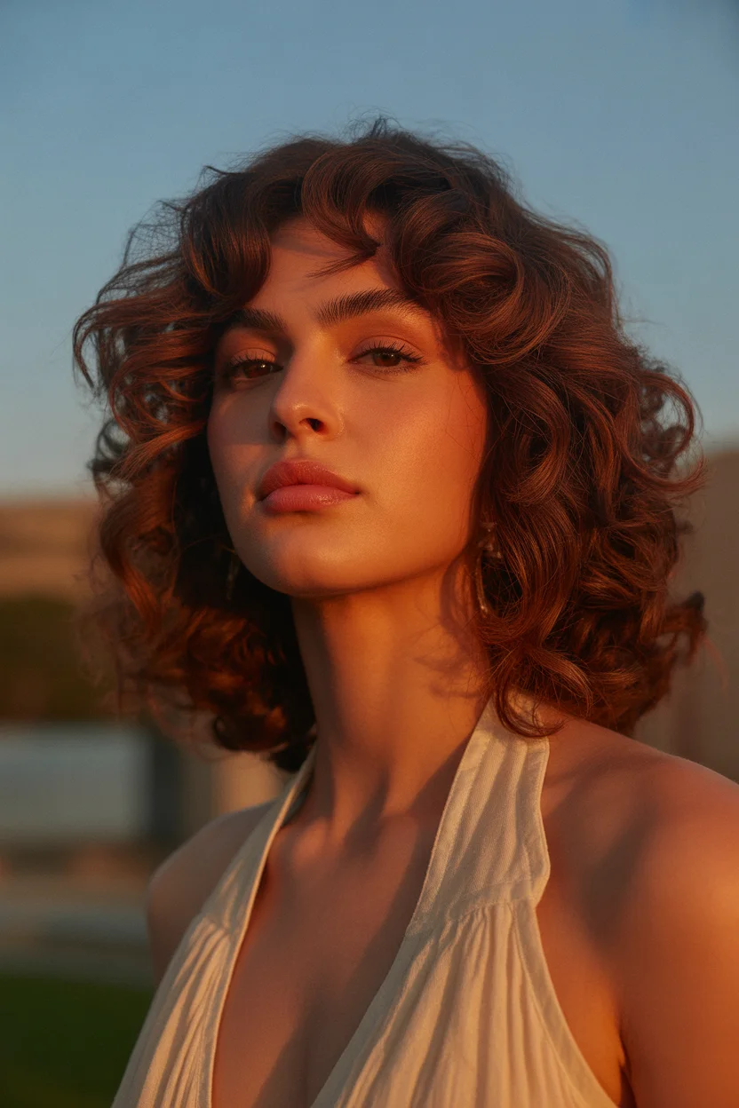 Summer Hair Color Ideas for Brunettes 2026 Warm Copper Brunette Curls with Golden Hour Depth
