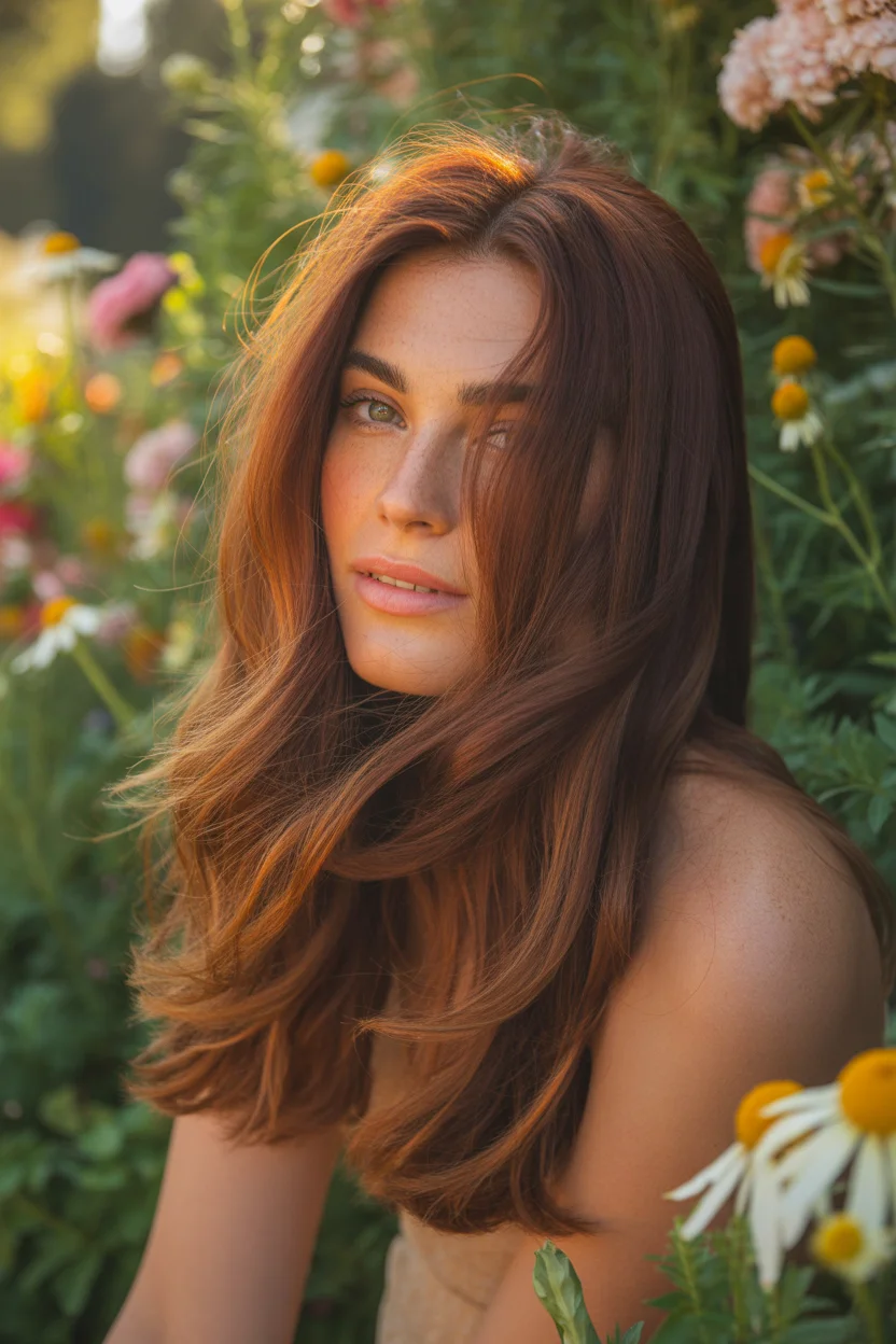 Summer Hair Color Ideas for Brunettes 2026 Warm Auburn Glow with Botanical Softness