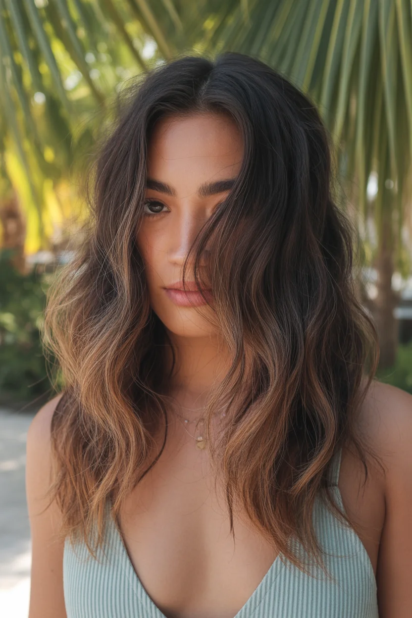 Summer Hair Color Ideas for Brunettes 2026 Textured Coastal Brunette with Sun Washed Ends