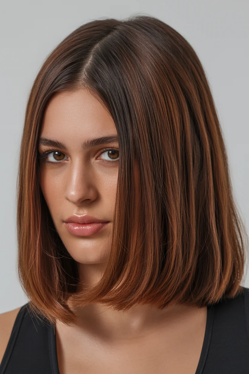 Summer Hair Color Ideas for Brunettes 2026 Glossy Cinnamon Bob with Precision Edge
